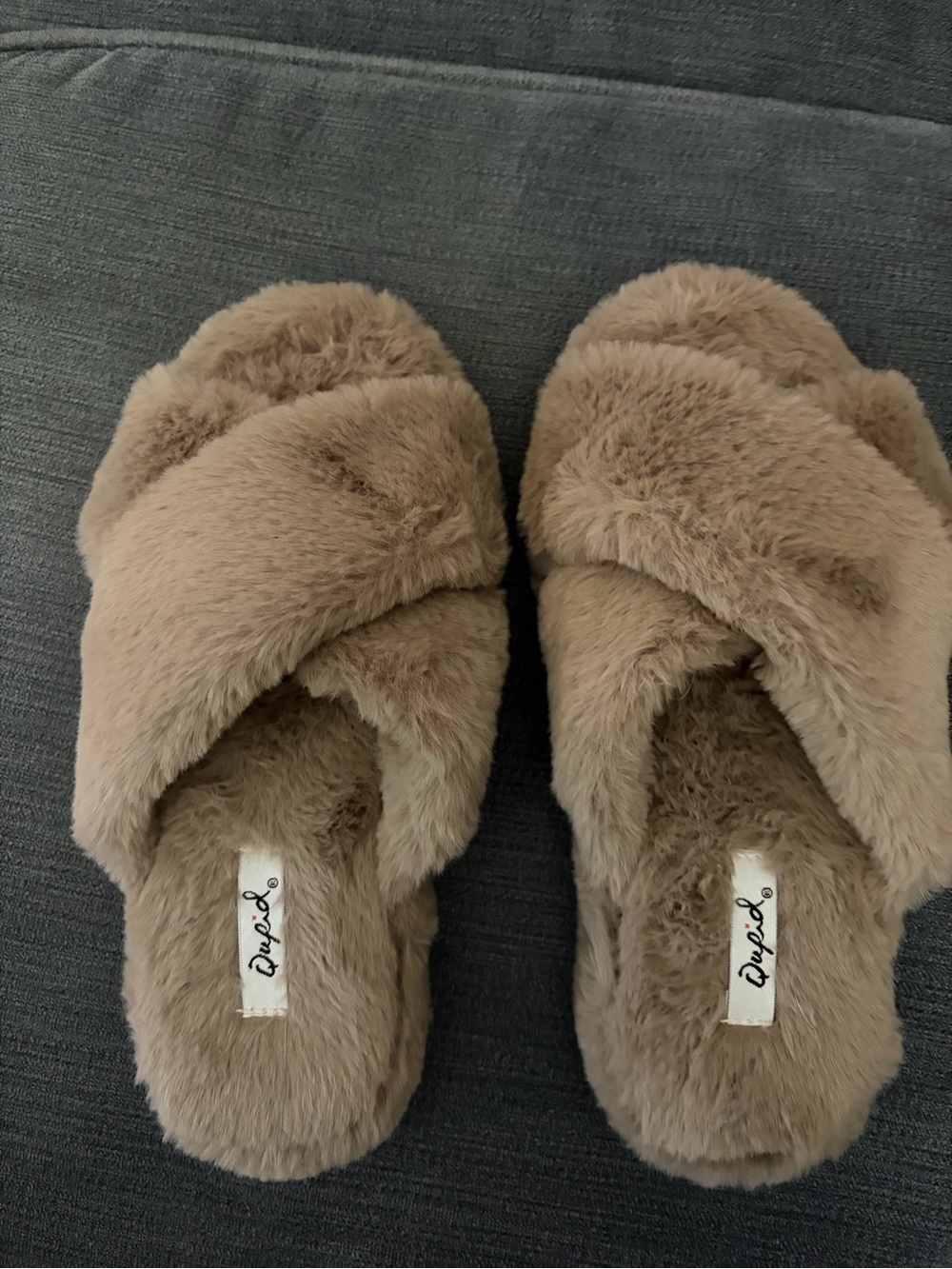 Qupid Plush Crisscross Slide Slippers - Taupe Brown
